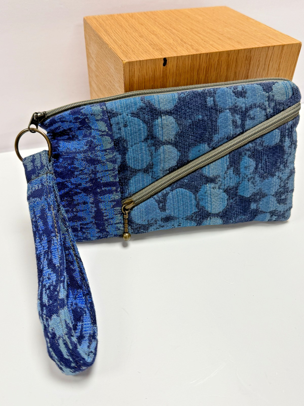 Maruca Handmade Blue Fabric Wristlet Zip Pouch Boulder CO Art Bag 8x4